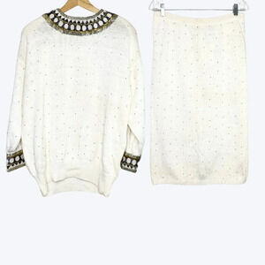 NWT Vintage Bonnie Boerer Art Deco Beaded Sweater Midi Skirt Set Medium White